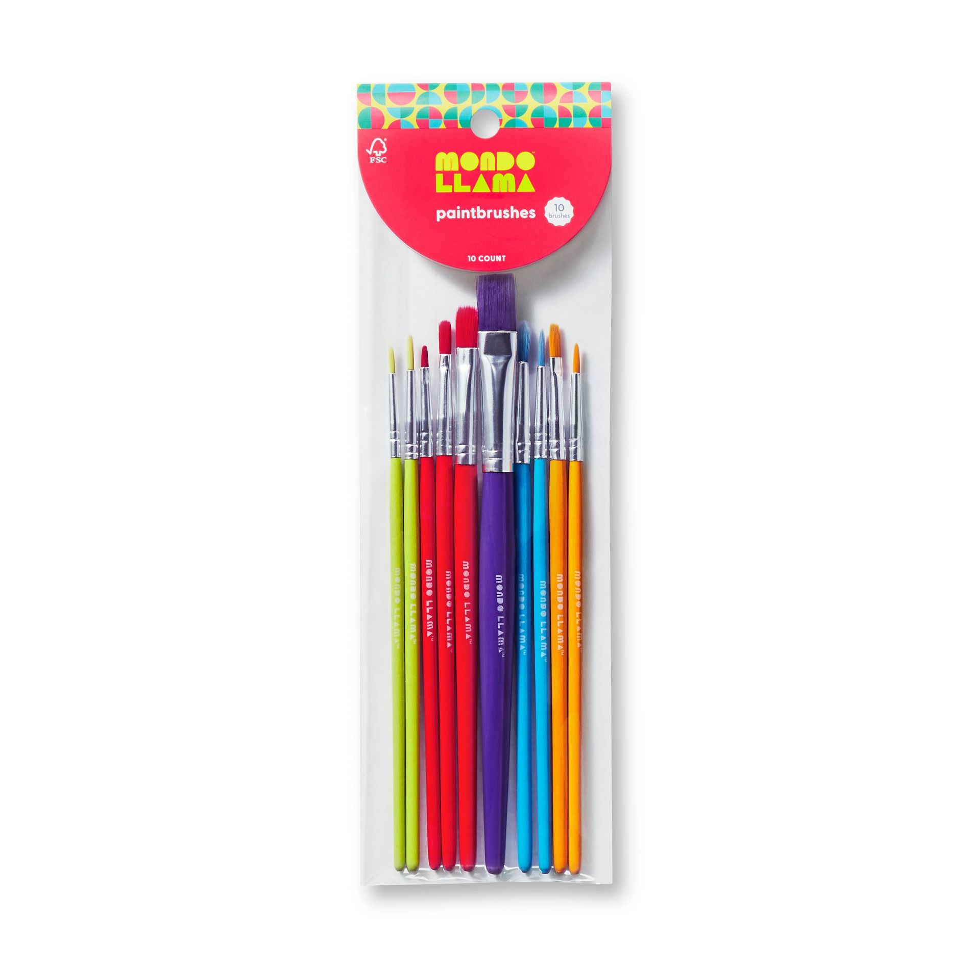 10pc Paintbrush Set - Mondo Llama™: Nylon & Wood, Watercolor, Oil, Tempera, Acrylic, Artist Brushes, Off-White