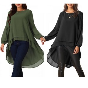 INSPIRE CHIC Women's Lantern Long Sleeve Round Neck High Low Irregular Hem Casual Blouse 2 Packs - 1 of 4
