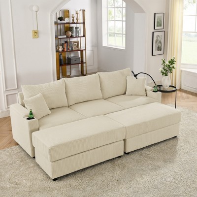 Oversize 102" Corduroy Upholstery Sectional Sofa Bed with 2 Storage Ottoman, Cup Holders & Phone Holder