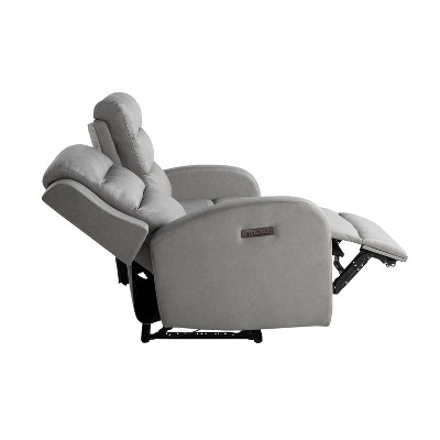 Gray Faux Leather Channel Tufted Reclining Loveseat with Acacia Wood