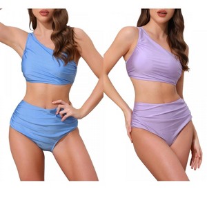 INSPIRE CHIC Women's One Shoulder Push Up Top High Waisted Tummy Control Bottom Swimwear Bikini Suits 2 Sets - 1 of 4