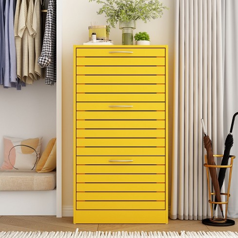 Famapy Wood Grain Design Yellow Shoe Cabinet Entryway Shoe Rack 3 Tier ...
