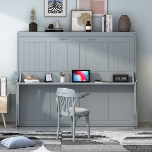TIRAMISUBEST Full/Queen Size Murphy Bed Wall Bed with Hydraulic Lift & Desk Design, Foldable Space Saving Murphy Cabinet Bed for Guestroom - 1 of 4