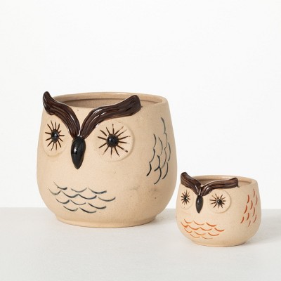 Sullivans Kitschy Brown Owl Ceramic Planter Set of 2, 5.75"H & 3"H Multicolored