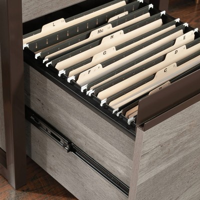 72" Mystic Oak Narrow Bookcase with Metal Frame and Drawers