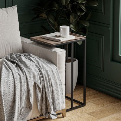 JIONJOY C-Shaped End Table with Beaded Tray Top - Space-Saving Farmhouse Snack Table for Couches
