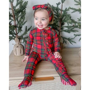 Lev Baby Girls' Bamboo Zipper Footie Pajamas – Plaid Ruffle Print One-Piece Baby Girl Clothes (NB–6/9M) - 1 of 4