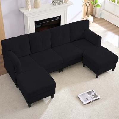 Mjkone Corduroy U-Shape Modular Convertible Sectional Sofa Couch,Upholstered 4-Seater Sofa with Movable Ottoman