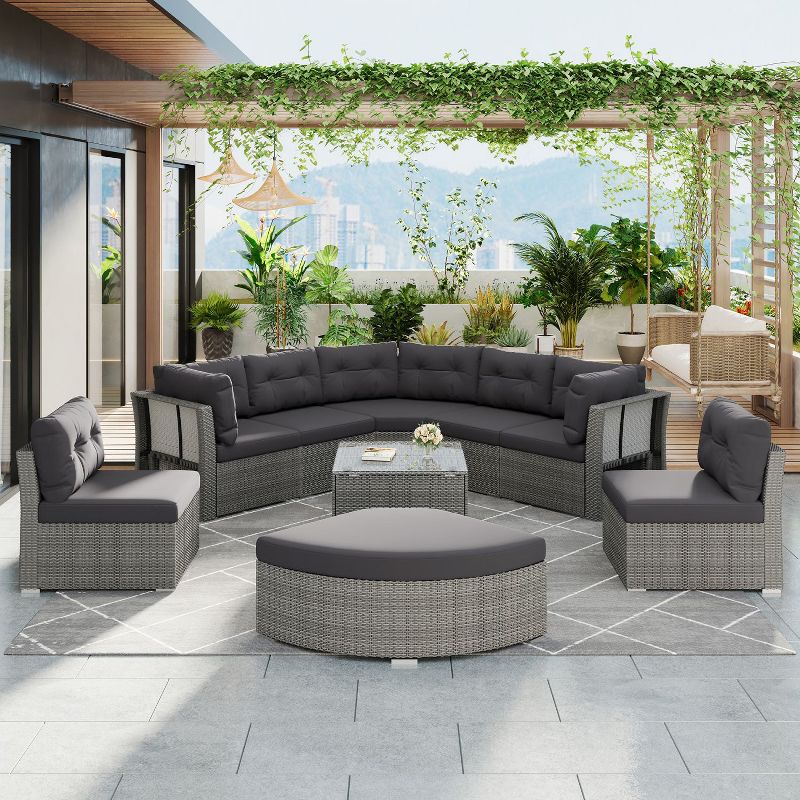 Janey 7-Piece PE Rattan Patio Conversation Set, Patio Sectional Sofa Set with Coffee Table, Outdoor Furniture - Maison Boucle, 1 of 9