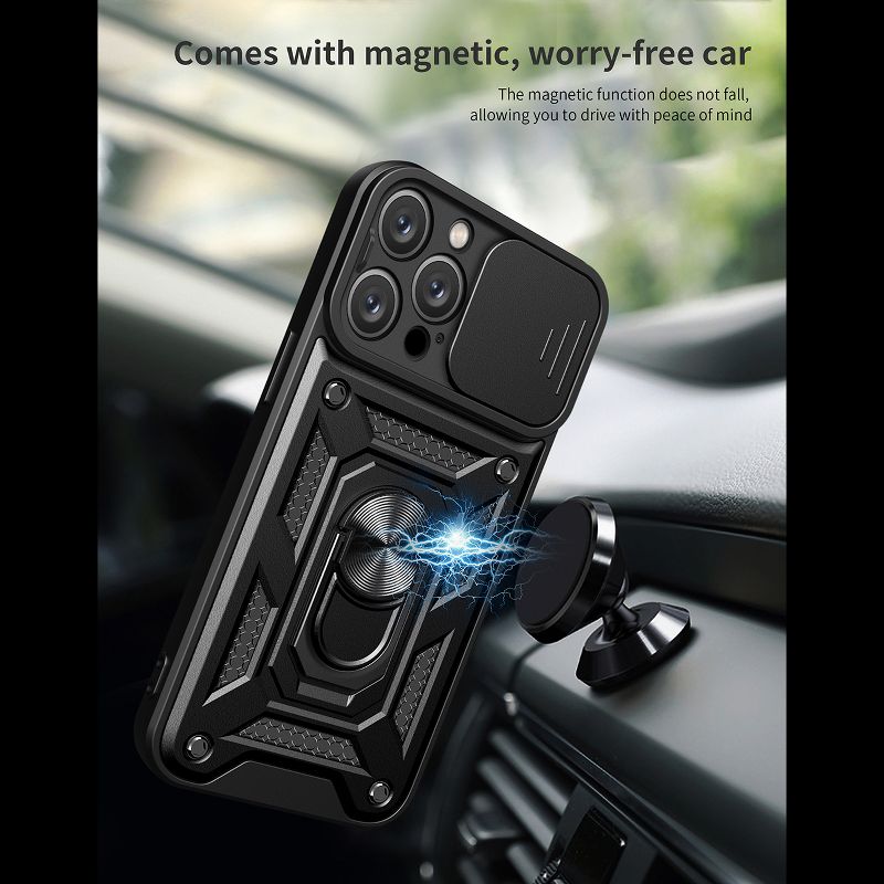 Reiko Kickstand Ring Holder with Slide Camera Cover TPU Magnetic Car Mount for APPLE IPHONE 15 PRO MAX In Black, 2 of 5