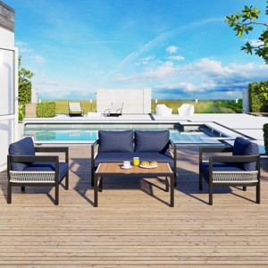 Outdoor 4 Pcs Seating Set, Patio Lounge Sets with Loveseat and Table, Patio Lounge Sets with Iron Frame and PE Cushions-Coolbibila - 1 of 4