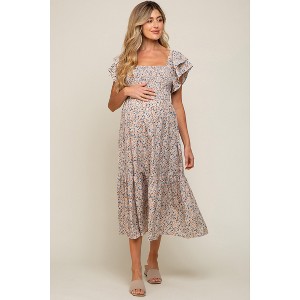 PinkBlush Cream Floral Flutter Maternity Midi Dress - 1 of 4