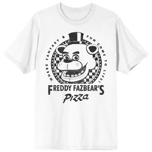 Five Nights At Freddy's Freddy Fazbear's Pizza Where Fantasy & Fun Come To Life Men's White Crew Neck Short Sleeve T-shirt - 1 of 3
