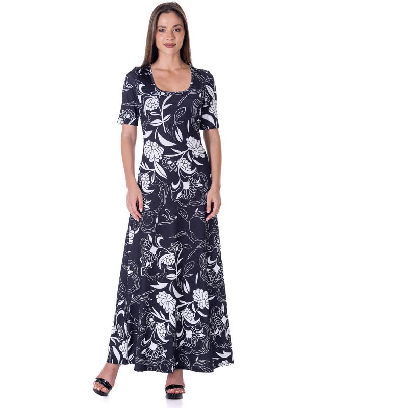 24seven Comfort Apparel Womens  Black and White Elbow Sleeve Casual A Line Maxi Dress, 1 of 9