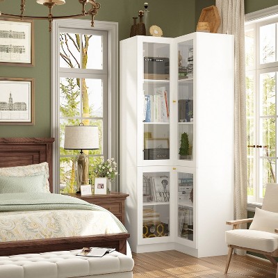Famapy White Modern Corner Bookshelf With 4 Doors and Storage Shelves