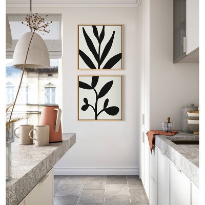 Modern Black and White Botanical Canvas Print with Natural Frame