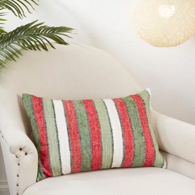 Red and Green Striped Cotton Throw Pillow Cover 16" x 24"
