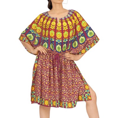LA LEELA Women's Summer Holiday Beachwear Mini Swim Suit Loose Beach Dress Vacation Swimwear Plus Size Bathing Suit Cover-up 2X-3X Yellow, Abstract