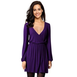 Coolmee Women's Midi Dress Long Sleeve Wrap V Neck A Line Mini Tunic Dress - 1 of 4