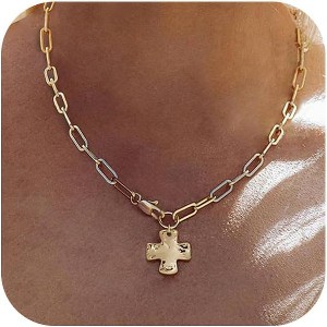 Layered Chunky Cross Necklace 14K Gold Silver Non Tarnish Statement Jewelry - 1 of 4