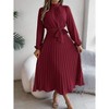Women'S Stand-Up Collar Long Sleeve Waist Pleated Long Skirt Small Dress/Wine red L - 3 of 4