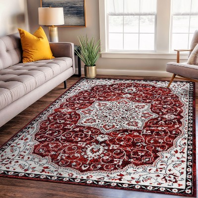 Red and Ivory Medallion Synthetic 5' x 7' Area Rug