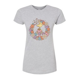 Women's - Peanuts - Floral Peace Sign Woodstock Juniors Fitted Graphic T-Shirt - 1 of 3