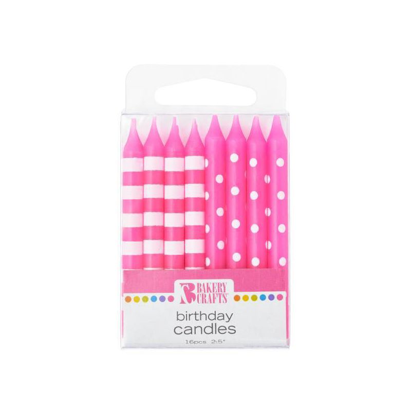 Bakery Crafts 2.5&#34; Candles Stripes &#38; Dots Pink - 16ct, 1 of 4