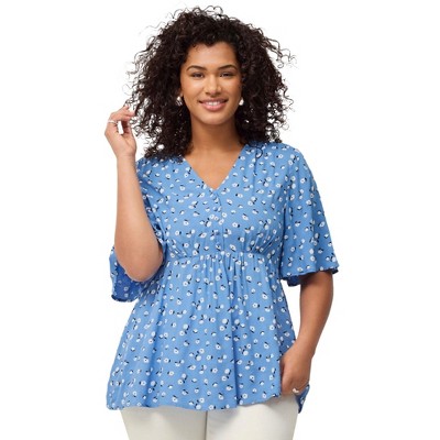ellos Plus Size V-Neck Empire Tunic With Button Trim Placket