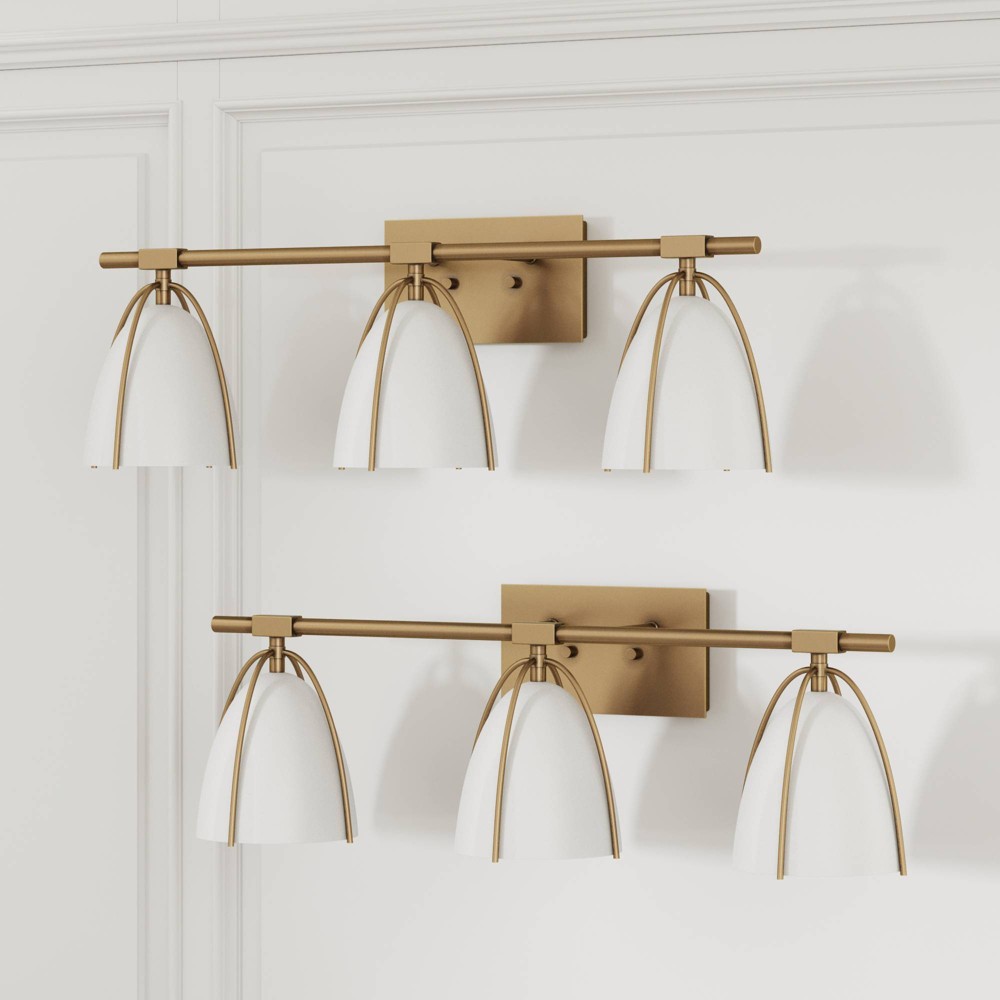 Nathan James (Set of 2) 3-Light Aubrey Farmhouse Wall Light Fixtures Gold Brass/White