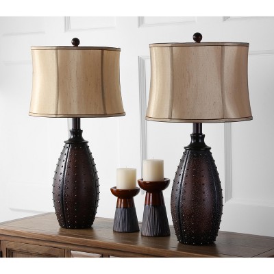 Santa Fe Rustic Brown Studded Faux Leather Table Lamp Set with Beige Shades