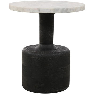HomeRoots 21" White and Black Distressed Marble and Solid Wood Round Pedestal End Table