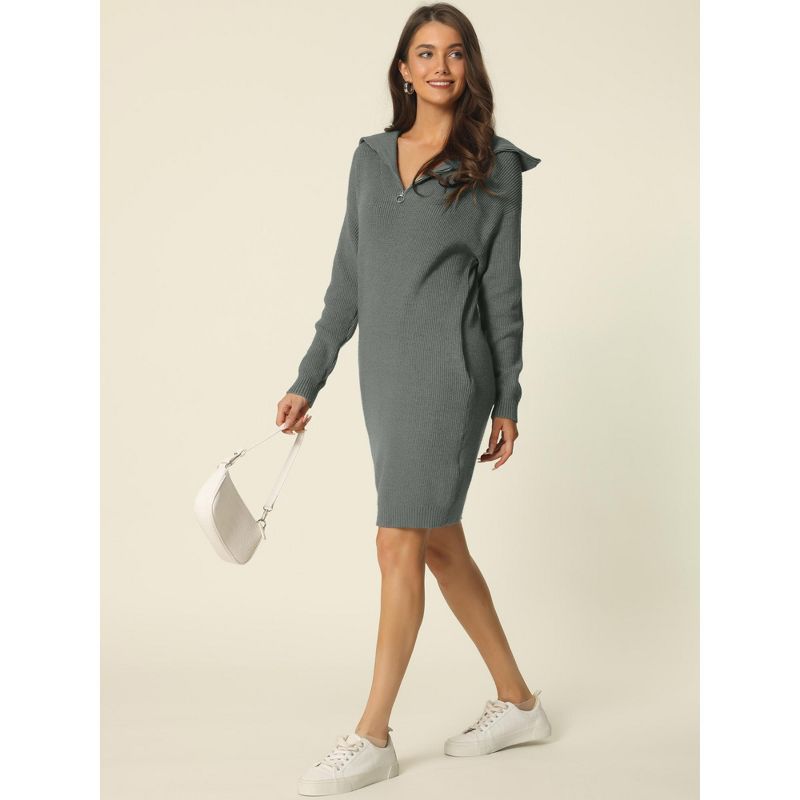 Seta T Women's Fall Winter Zipper V Neck Long Sleeve Slim Fit Casual Sweater Dress, 3 of 6