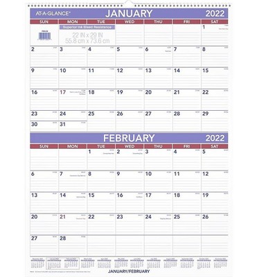 AT-A-GLANCE 2022 29" x 22" Two-Month Calendar White/Red/Purple PM9-28-22
