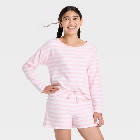 Art Class Girls' Boatneck Striped Long Sleeve Top - art class™ Light Pink/White S