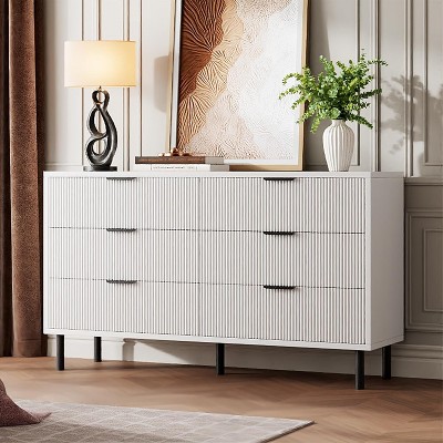 6 Drawer Dresser, Modern Wave Chest of Drawer with Metal Legs and Handles, Wood Storage Organizer with Anti-Tipping Design for Bedroom