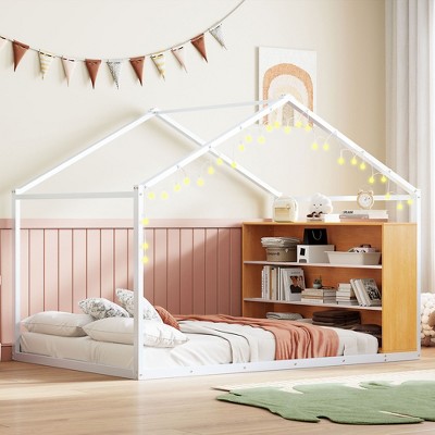 CAVINAS Twin/Full Size House Bed Frame with Shelves & Lights,Metal Floor Bed for Kids Room,Bedroom