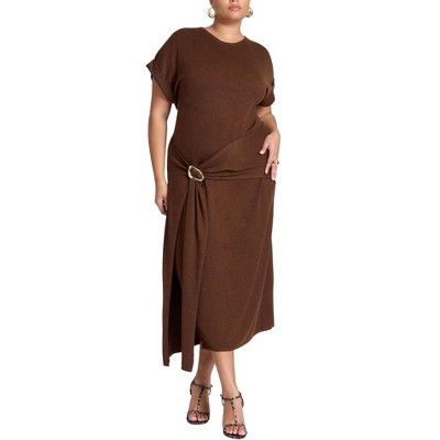 ELOQUII Women's Plus Size Rolled Sleeve Midi Dress With Buckle
