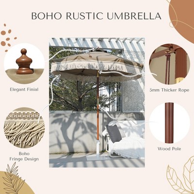 Mocha Brown 9' Patio Umbrella with Cotton Fringe and Wooden Frame