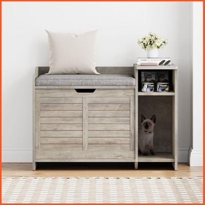 Homhougo Cat Litter Box Enclosure, Large Hidden Litter Box Furniture with Top Opening, Cushion, Storage Shelf, Litter Mat
