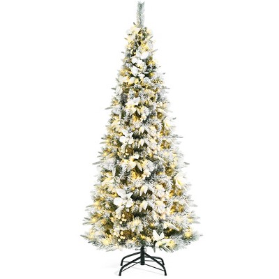 Costway 6ft Pre-lit Snow Flocked Christmas Tree w/ Berries & Poinsettia Flowers