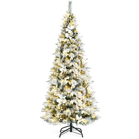 Costway 5ft 6ft 7ft 8ft Pre Lit Snow Flocked Christmas Tree W Berries Poinsettia Flowers Target