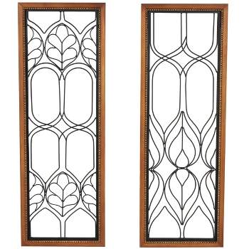 Olivia & May Set of 2 Metal Geometric Wire Cutout Wall Decors with Beaded Accents and Brown Wood Frames Black
