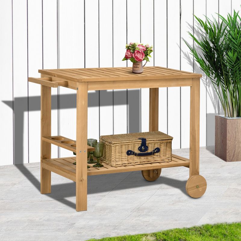 Outsunny Outdoor Bar Cart, Wood Rolling Home Bar & Serving Cart with 2 Shelves, Wine Bottle Holders for Garden, Dining Room, Natural, 2 of 7