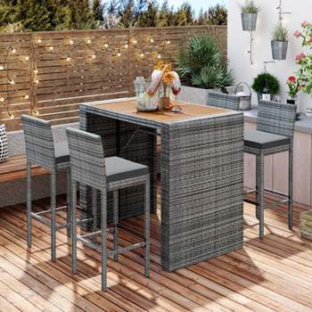 5-pieces Outdoor Patio Wicker Bar Set,Bar Height Chairs With Non-Slip Feet And Fixed Rope,Removable Cushion,Acacia Wood Top,Brown Wood-Maison Boucle