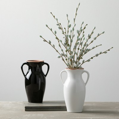 Sleek White Ceramic Vase with Natural Rim and Handles 11"x6"