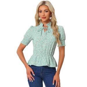 Allegra K Women's Summer Floral Print Ruffle Neck Short Sleeve Peplum Top - 1 of 4