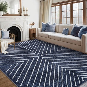 Modern Striped Washable Rug - Non-Slip Backing, Ultra-Thin, Stain-Resistant Carpet - Easy to Clean Floor Cover for Living Room,  Playroom, Blue - 1 of 4