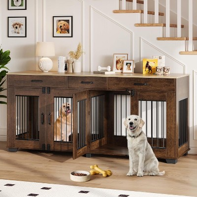 71" Double Dog Crate Furniture with 3 Storage Drawers | Wooden TV Stand & Pet Kennel with Removable Divider