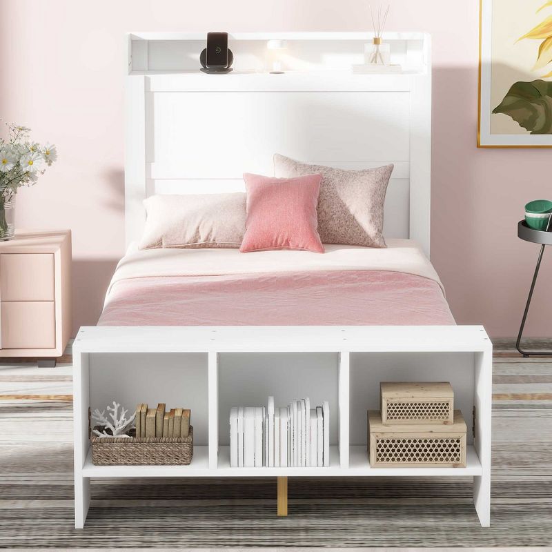 Twin/Full Size Platform Bed with Built-in Shelves, LED Light and USB Ports, White/Gray, 4A -ModernLuxe, 2 of 13
